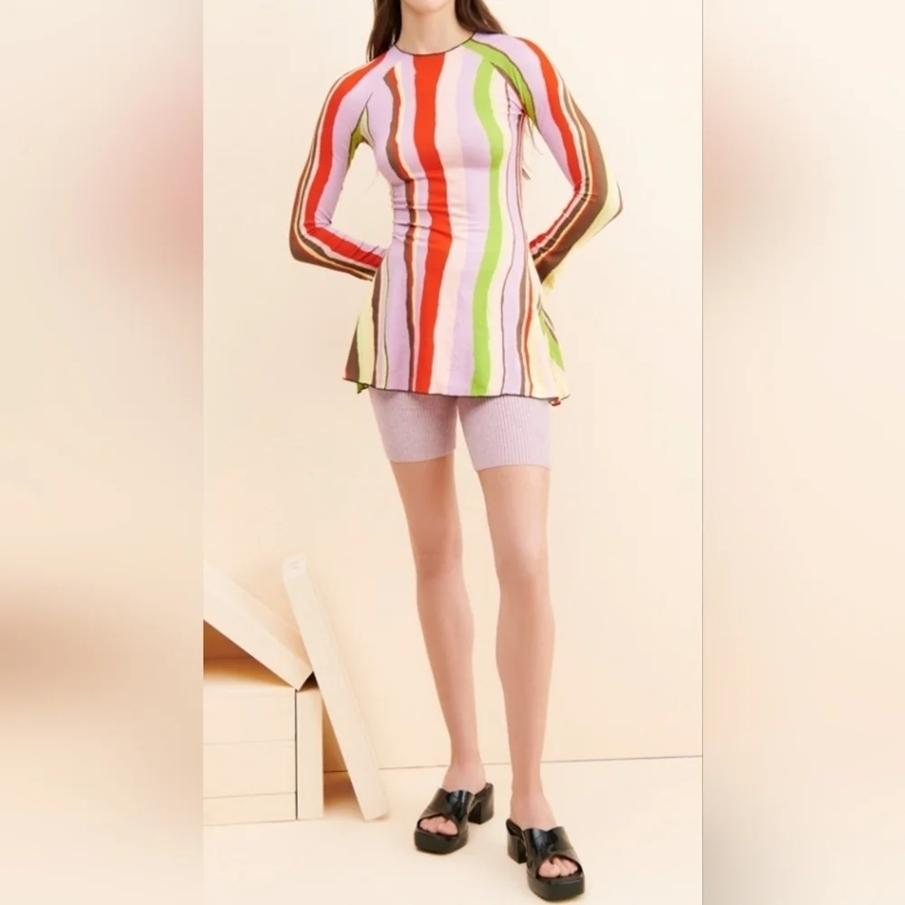 Arthur Apparel x Free People Size 2  Skins Flared Tunic, Red Purple Green Stripe